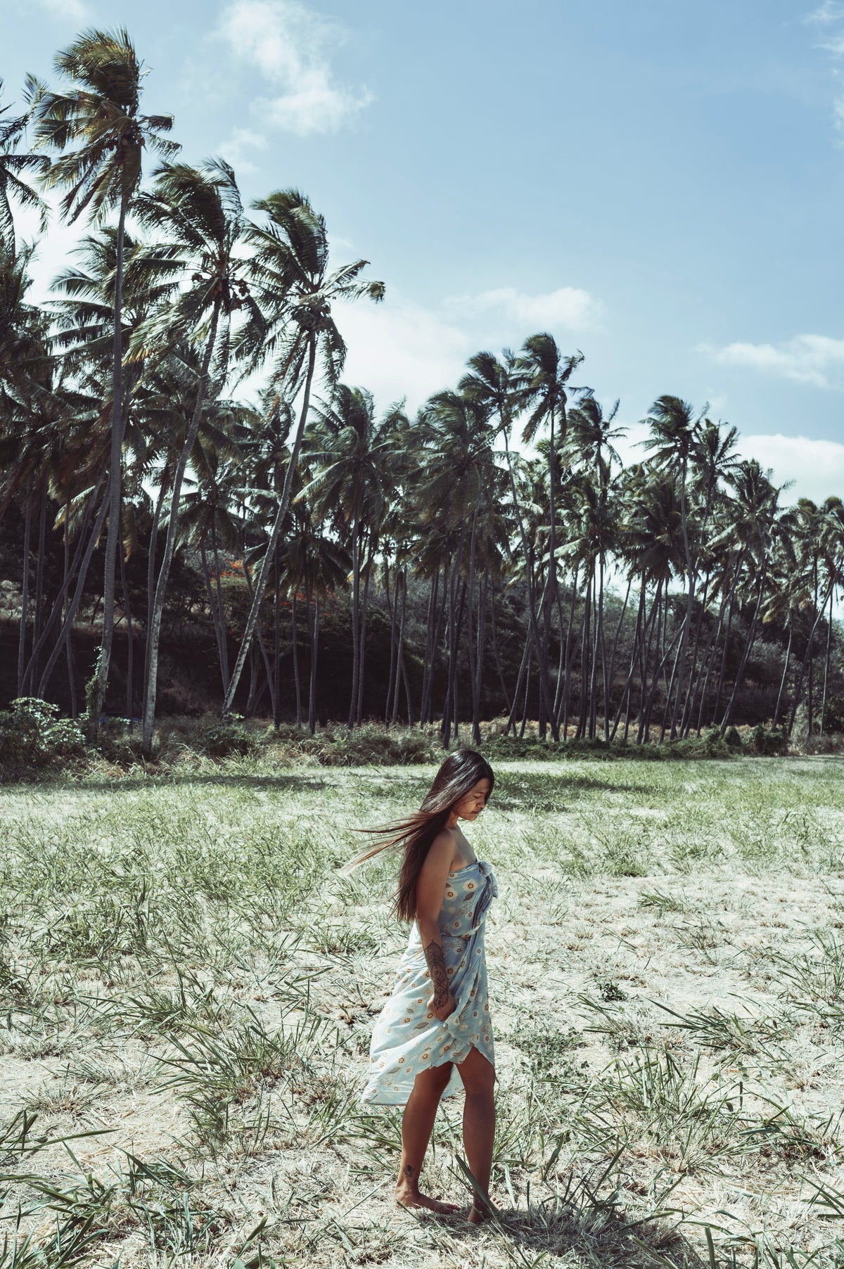 Woman in a dress standing in a field with palm trees in the background