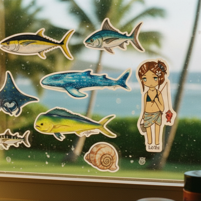 Decorative window stickers of fish and people with a scenic background