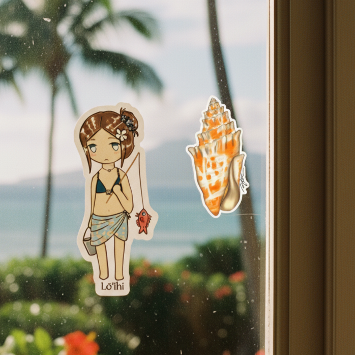 Sticker of a woman in a bikini and a shell on a glass panel with a tropical background.