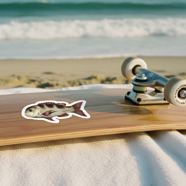 Wooden skateboard with a fish decal on a sandy surface with ocean waves in the background