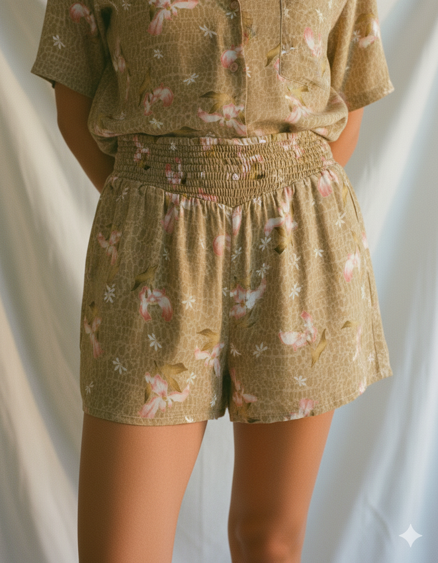 Person wearing a floral patterned shorts against a plain background