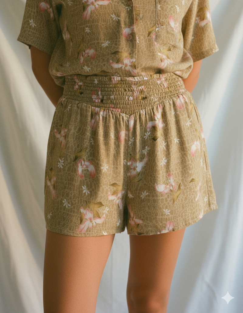 Person wearing a floral patterned shorts against a plain background