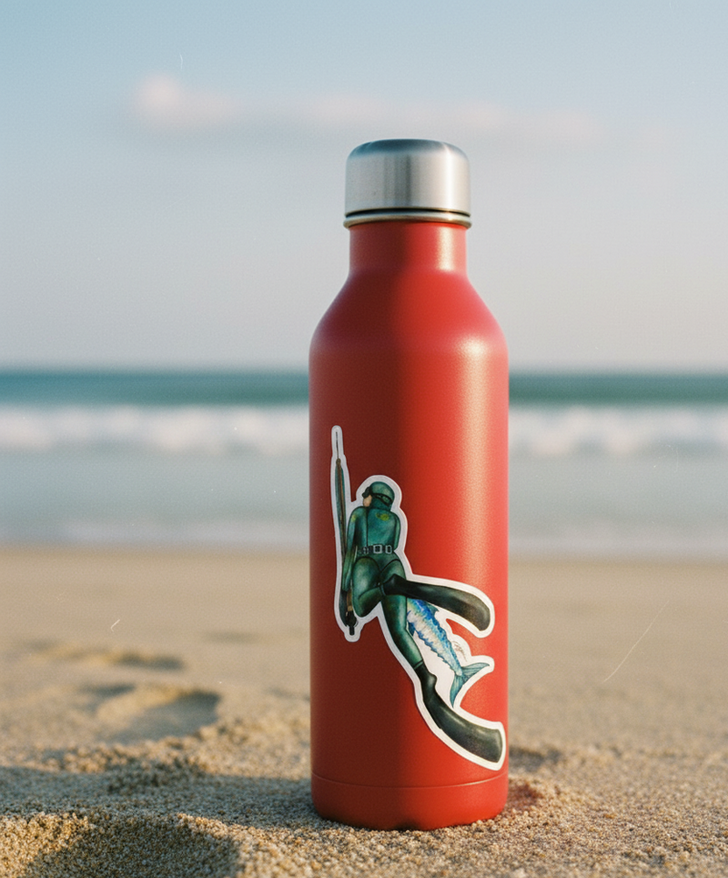 Red water bottle with a mermaid design on a sandy beach