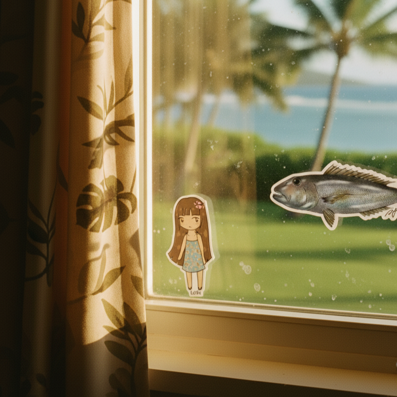 Window with decorative stickers of a girl and fish, palm trees outside