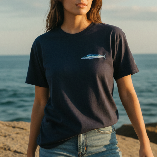 Woman wearing a black t-shirt with a graphic design by the ocean