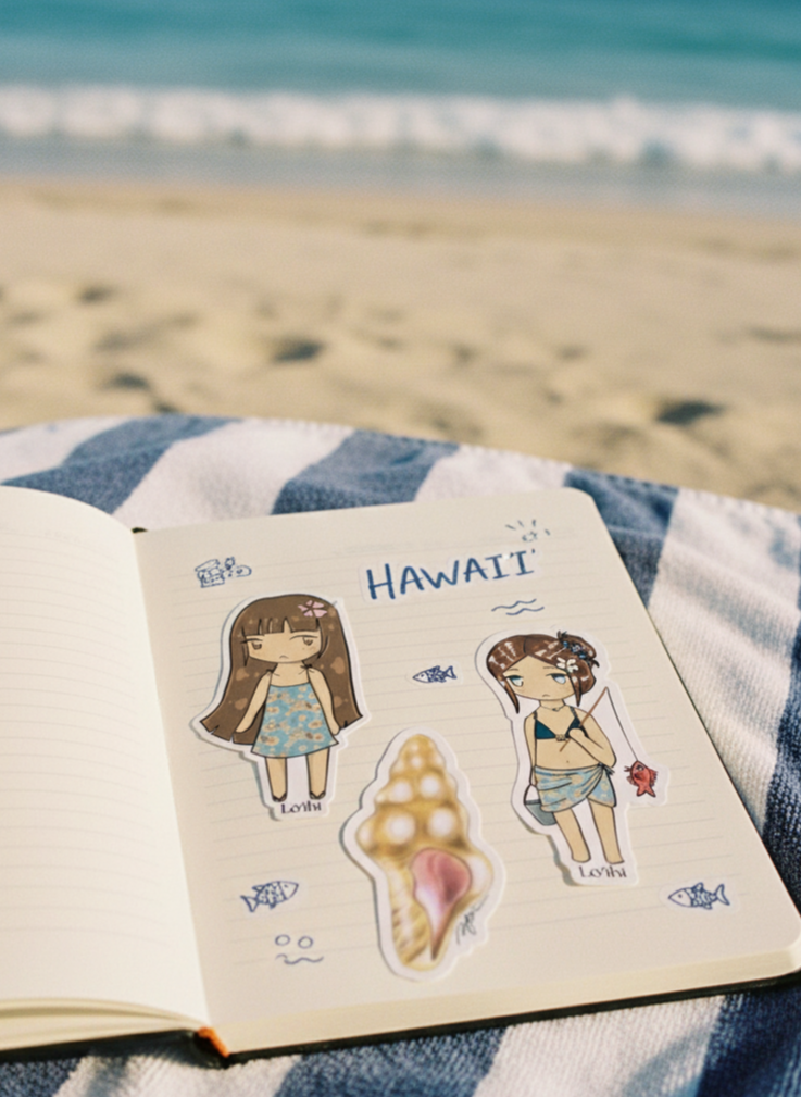 Open book with 'Hawaii' stickers featuring a girl and a shell on a beach setting.