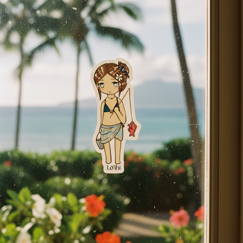 Cartoon character sticker of a girl in a bikini with a tropical background