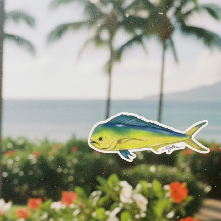 Decorative stickers of a fish and a shell on a glass door with a scenic background.