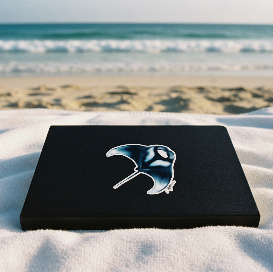 Black box with a white manta ray design on a sandy beach with ocean waves in the background