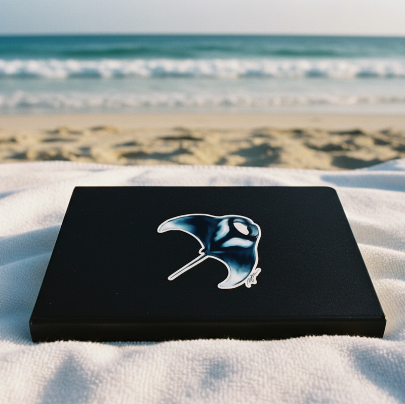 Black box with a white manta ray design on a sandy beach with ocean waves in the background