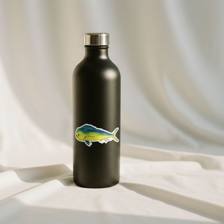 Black water bottle with a fish design on a white fabric background