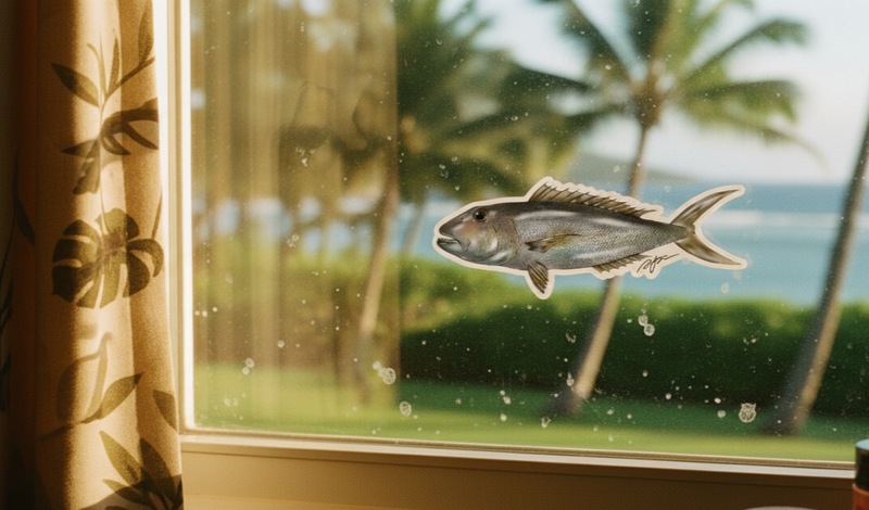 Fish decal on a window with palm trees and ocean view outside