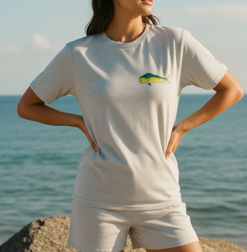 Person wearing a white t-shirt with a fish graphic on a beach