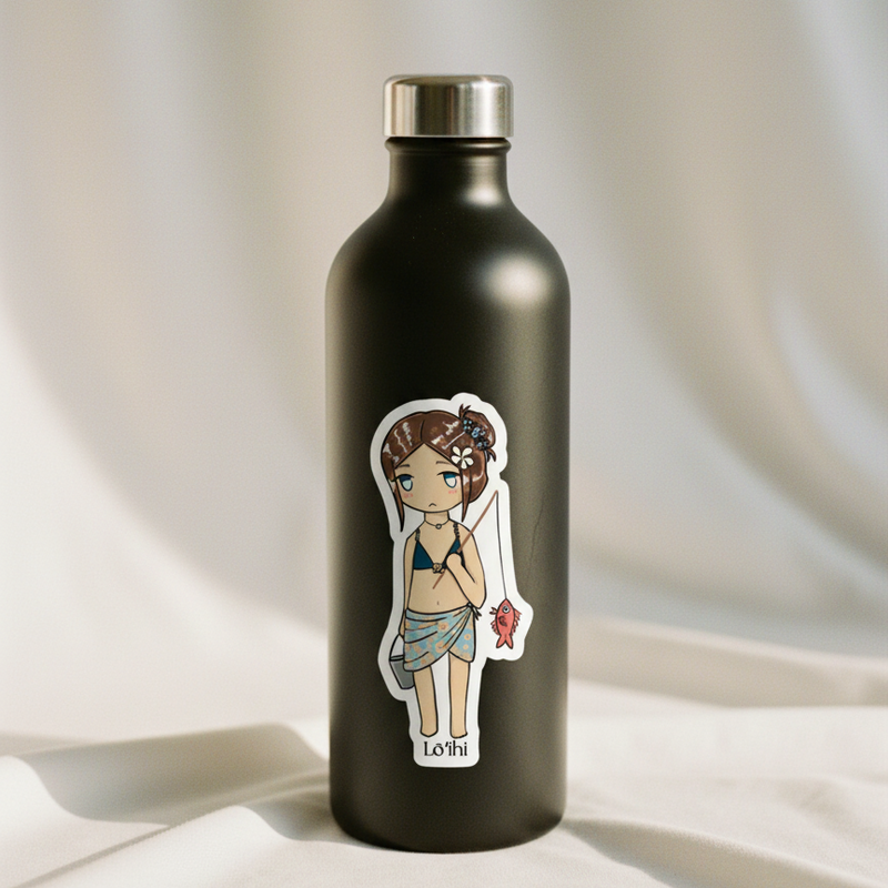 Black water bottle with a sticker of a woman holding a flower on a white background