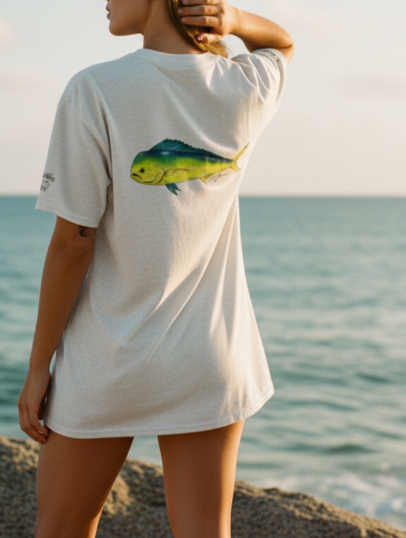 Person wearing a white t-shirt with a fish design by the ocean