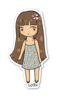 Sticker of a cartoon character with long brown hair and a blue dress with flowers on a white background.