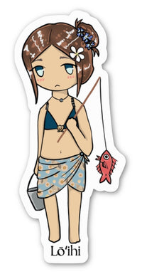 Cartoon character in a bikini with a sarong and fishing rod, wearing a flower headband, on a white background.