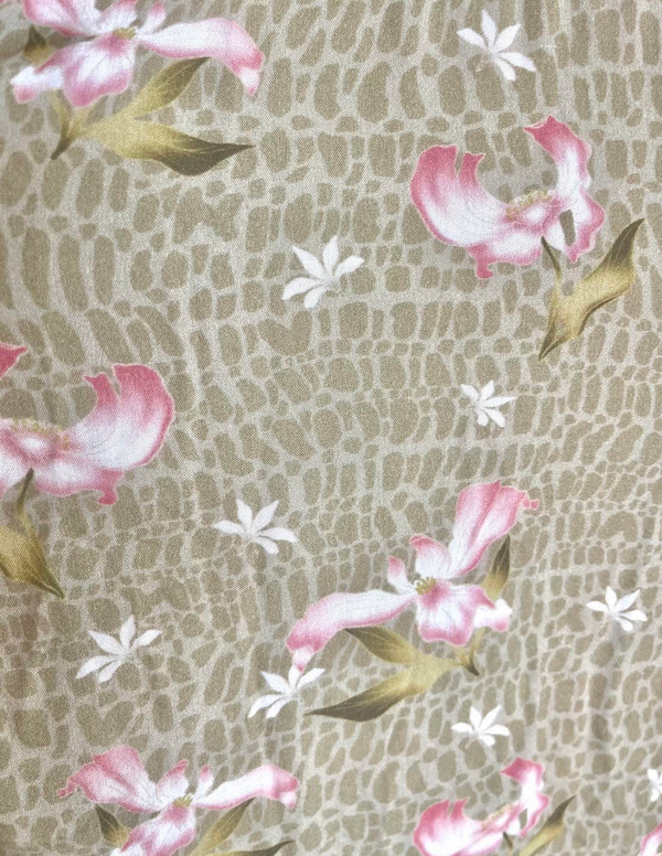 Floral pattern with pink flowers and green leaves on a textured beige background